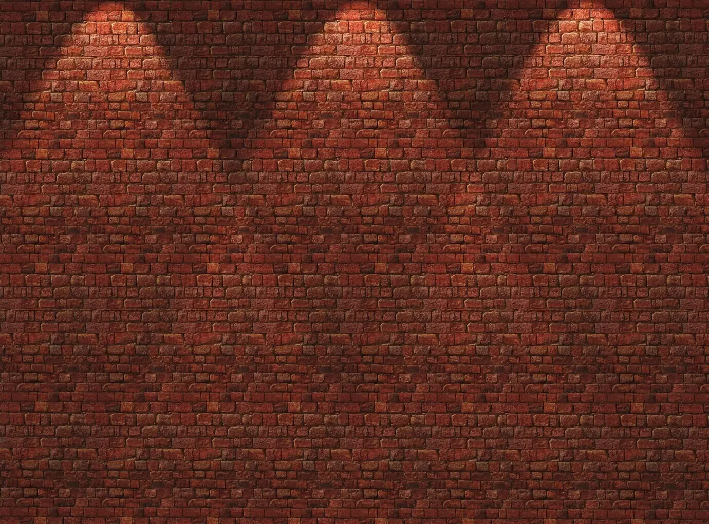 Dreidimensionale rote Ziegelwand mit nach unten strahlenden Scheinwerfern.